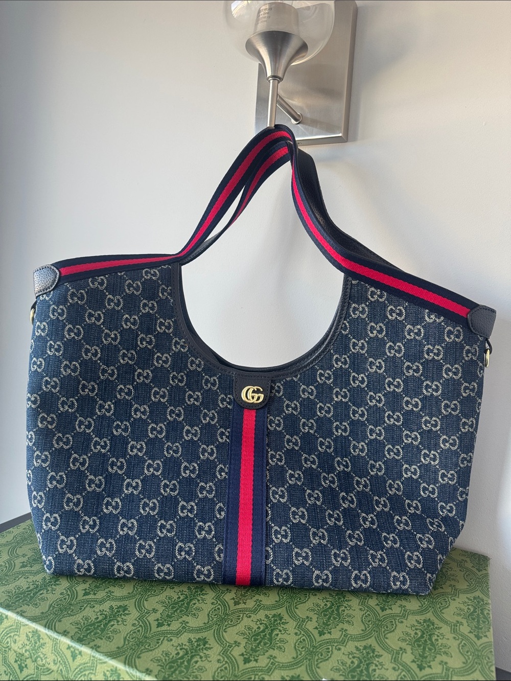 Gucci Giglio Large Denim GG Tote with Red and Blue Web Stripe